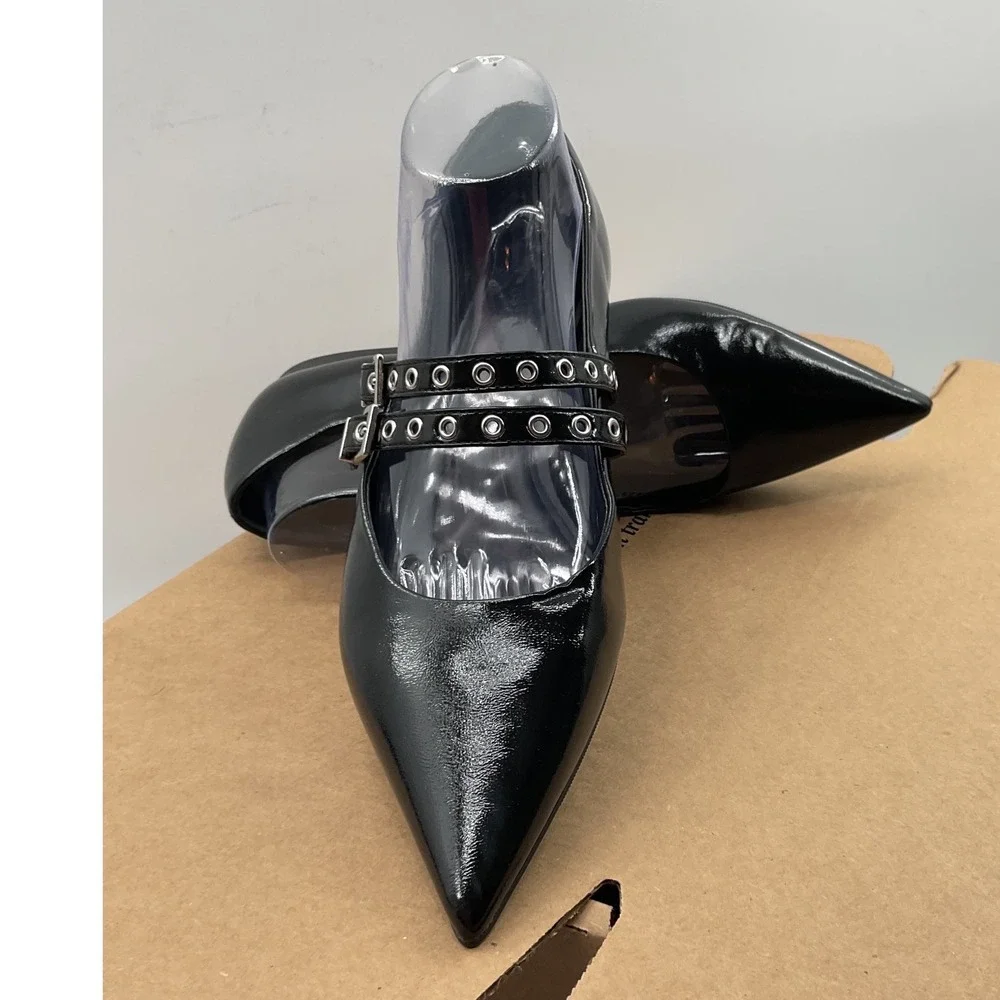 Open Edit Black Patent Pointed Toe Mary Jane Flats Double Grommet Buckle Straps